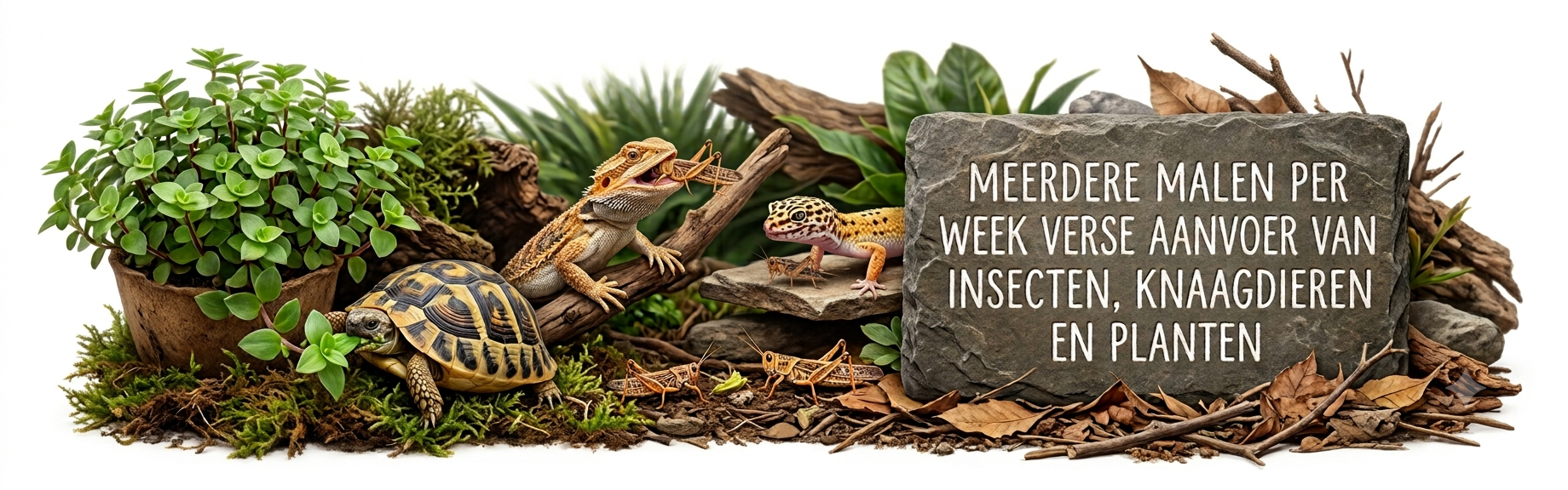 Meerdere malen per week is er verse aanvoer 
van insecten & knaagdieren. Alsook ruime keuze uit terrarium planten.